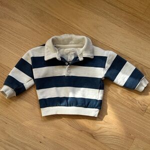 Little Planet baby organic cotton Henley top in stripes. Navy blue and white